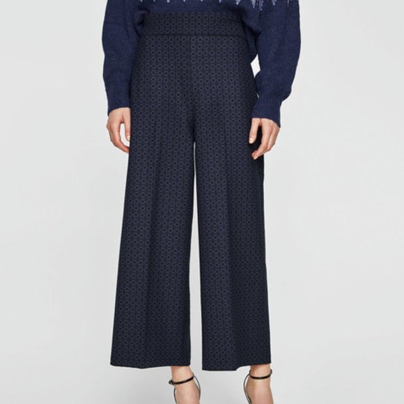 NWT Zara Navy/Black Jacquard Wide Leg Culotte Pant - Picture 1 of 16